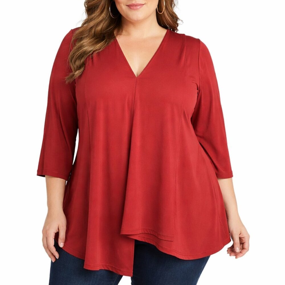 Avenue Tunic Top Size 26/28 Berry Asymmetrical Layered 3/4 Sleeve Stretch Jersey